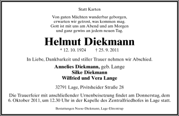 Anzeige  Helmut Diekmann  Lippische Landes-Zeitung