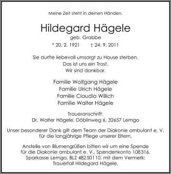 Anzeige  Hildegard Hägele  Lippische Landes-Zeitung