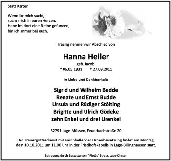 Anzeige  Hanna Heiler  Lippische Landes-Zeitung