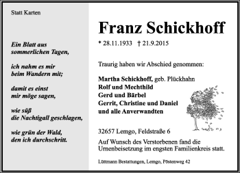 Anzeige  Franz Schickhoff  Lippische Landes-Zeitung