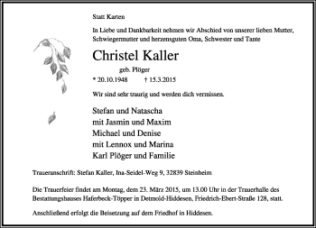 Anzeige  Christel Kaller  Lippische Landes-Zeitung