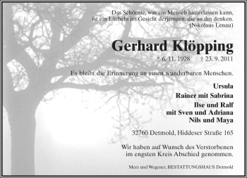 Anzeige  Gerhard Klöpping  Lippische Landes-Zeitung