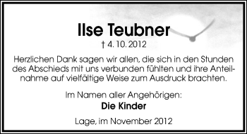 Anzeige  Ilse Teubner  Lippische Landes-Zeitung