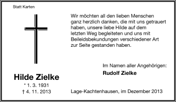 Anzeige  Hilde Zielke  Lippische Landes-Zeitung