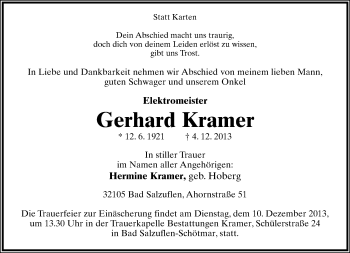 Anzeige  Gerhard Kramer  Lippische Landes-Zeitung