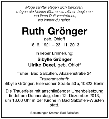 Anzeige  Ruth Grönger  Lippische Landes-Zeitung