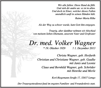 Anzeige  Volker Wagner  Lippische Landes-Zeitung