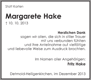Anzeige  Margarete Hake  Lippische Landes-Zeitung
