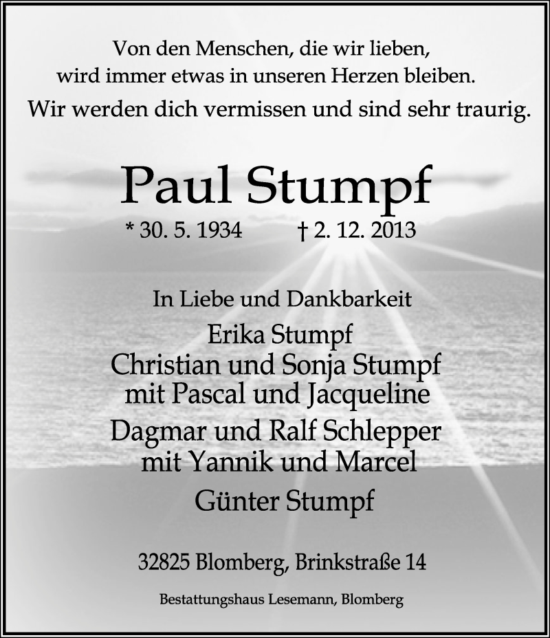 Traueranzeige für Paul Stumpf vom 10.12.2013 aus Lippische Landes-Zeitung