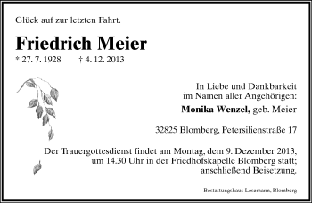 Anzeige  Friedrich Meier  Lippische Landes-Zeitung