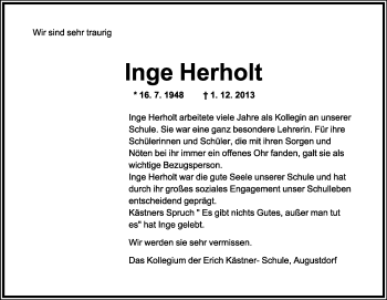 Anzeige  Inge Herholt  Lippische Landes-Zeitung