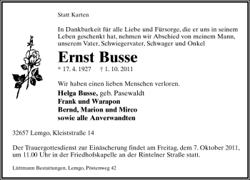Anzeige  Ernst Busse  Lippische Landes-Zeitung