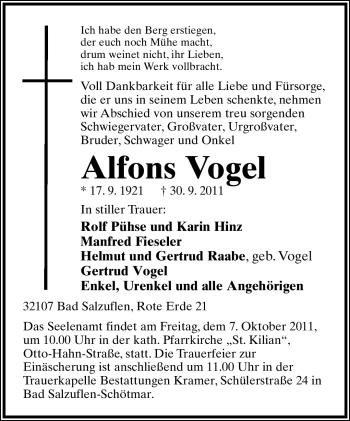 Anzeige  Alfons Vogel  Lippische Landes-Zeitung