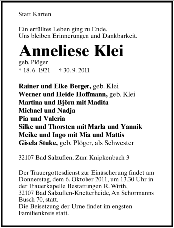 Anzeige  Anneliese Klei  Lippische Landes-Zeitung