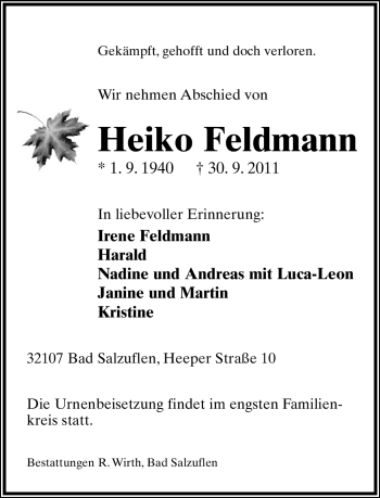 Anzeige  Heiko Feldmann  Lippische Landes-Zeitung