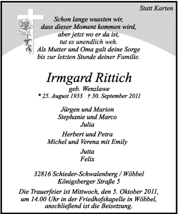 Anzeige  Irmgard Rittich  Lippische Landes-Zeitung