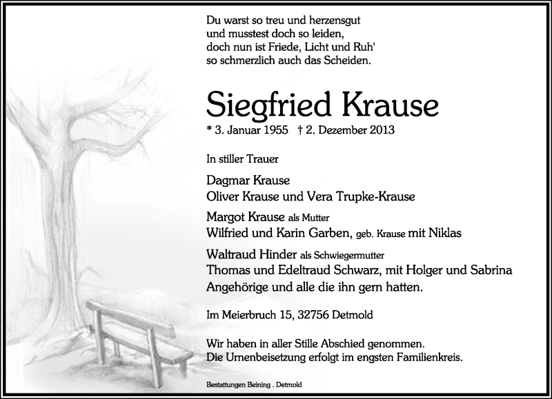  Traueranzeige für Siegfried Krause vom 07.12.2013 aus Lippische Landes-Zeitung