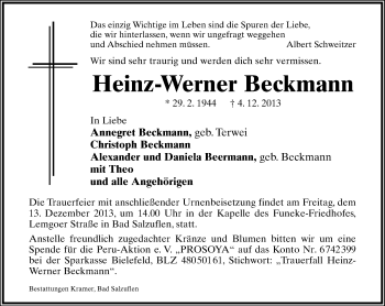Anzeige  Heinz-Werner Beckmann  Lippische Landes-Zeitung