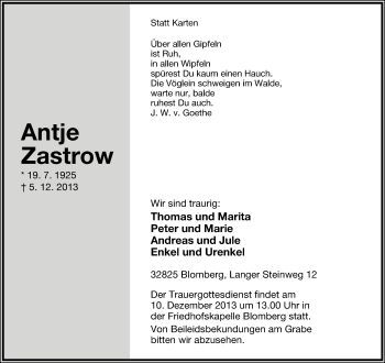Anzeige  Antje Zastrow  Lippische Landes-Zeitung