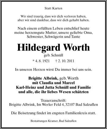 Anzeige  Hildegard Worth  Lippische Landes-Zeitung