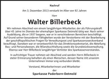 Anzeige  Walter Billerbeck  Lippische Landes-Zeitung