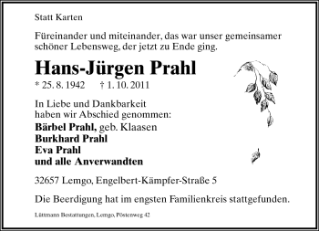 Anzeige  Hans-Jürgen Prahl  Lippische Landes-Zeitung
