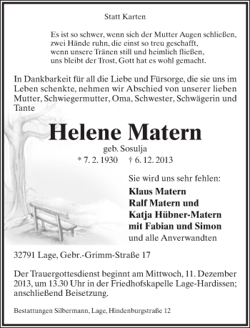 Anzeige  Helene Matern  Lippische Landes-Zeitung