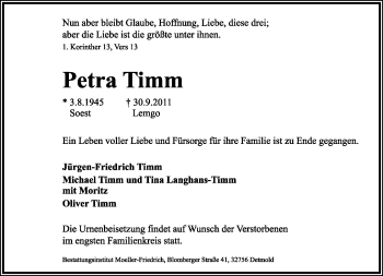Anzeige  Petra Timm  Lippische Landes-Zeitung