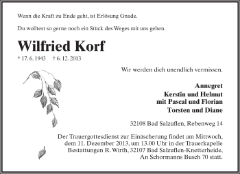 Anzeige  Wilfried Korf  Lippische Landes-Zeitung