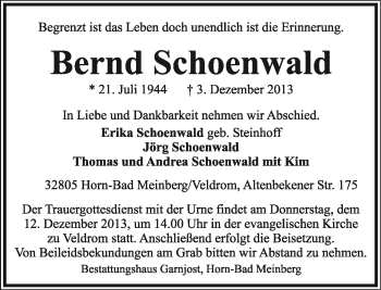 Anzeige  Bernd Schoenwald  Lippische Landes-Zeitung