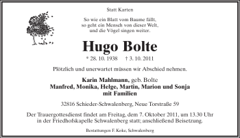 Anzeige  Hugo Bolte  Lippische Landes-Zeitung