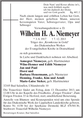 Anzeige  Wilhelm Niemeyer  Lippische Landes-Zeitung