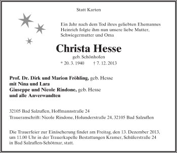 Anzeige  Christa Hesse  Lippische Landes-Zeitung