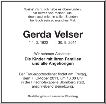 Anzeige  Gerda Velser  Lippische Landes-Zeitung