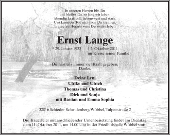 Anzeige  Ernst Lange  Lippische Landes-Zeitung