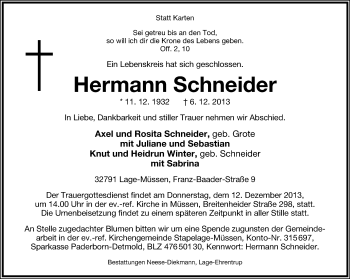 Anzeige  Hermann Schneider  Lippische Landes-Zeitung