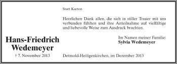 Anzeige  Hans-Friedrich Wedemeyer  Lippische Landes-Zeitung
