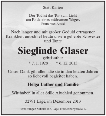 Anzeige  Sieglinde Glaser  Lippische Landes-Zeitung