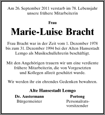 Anzeige  Marie-Luise Bracht  Lippische Landes-Zeitung