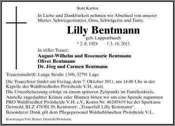 Anzeige  Lilly Bentmann  Lippische Landes-Zeitung
