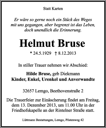 Anzeige  Helmut Bruse  Lippische Landes-Zeitung