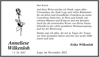 Anzeige  Anneliese Wilkenloh  Lippische Landes-Zeitung