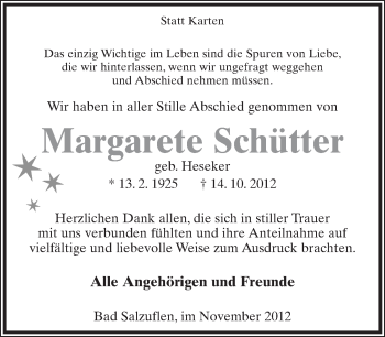 Anzeige  Margarete Schütter  Lippische Landes-Zeitung