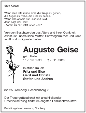 Anzeige  Auguste Geise  Lippische Landes-Zeitung