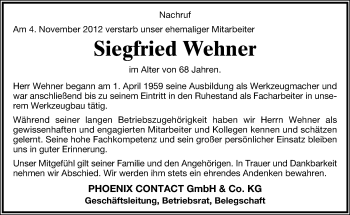 Anzeige  Siegfried Wehner  Lippische Landes-Zeitung