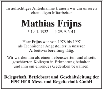 Anzeige  Mathias Karel Hubertus Frijns  Lippische Landes-Zeitung