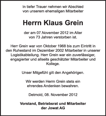 Anzeige  Klaus Grein  Lippische Landes-Zeitung