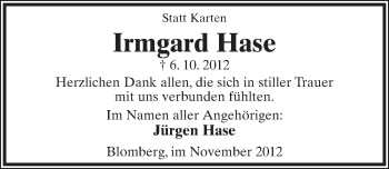 Anzeige  Irmgard Hase  Lippische Landes-Zeitung