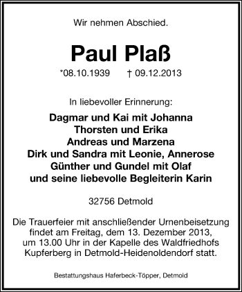 Anzeige  Paul Plaß  Lippische Landes-Zeitung