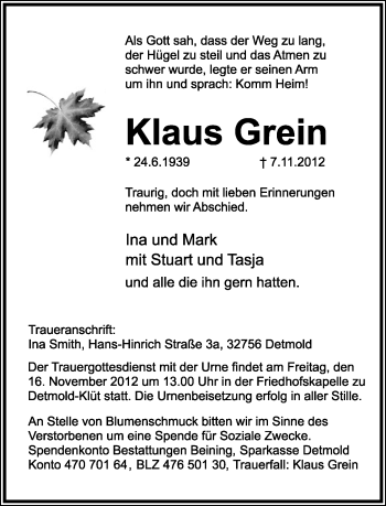 Anzeige  Klaus Grein  Lippische Landes-Zeitung